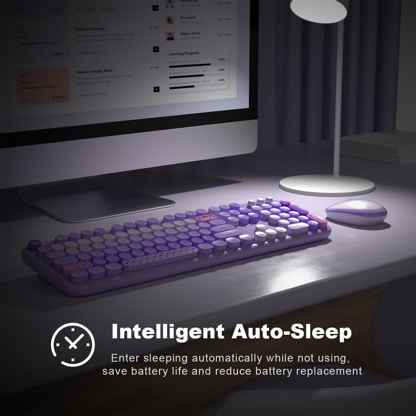 Wireless Keyboard and Mouse Combo, MOWUX Full Size Typewriter Retro Round Computer Keyboard, Cute Optical Mouse Wireless, Plug and Play, for Laptop, PC, Computer- Purple Heart
