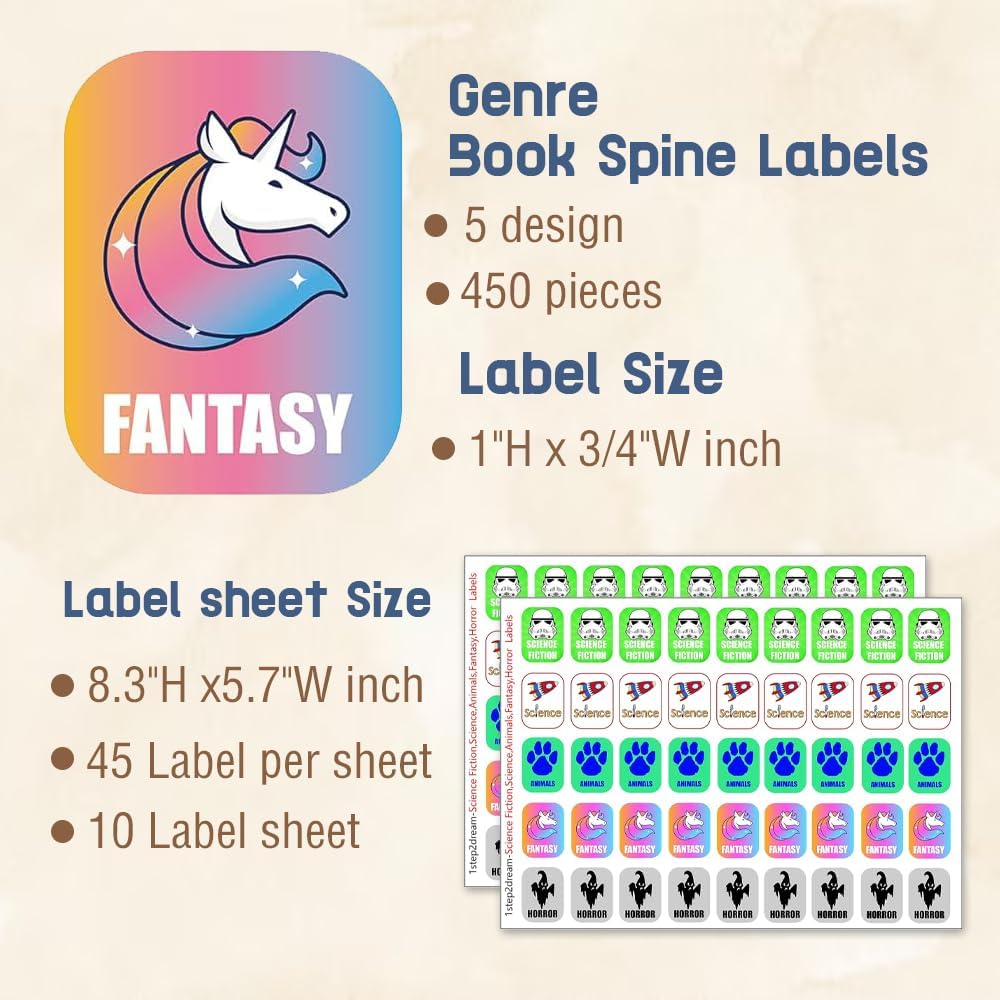 450pcs Genre Book Spine Labels for Library: Classroom Library Classification Stickers for Science Fiction, Science, Animals, Fantasy, Horror