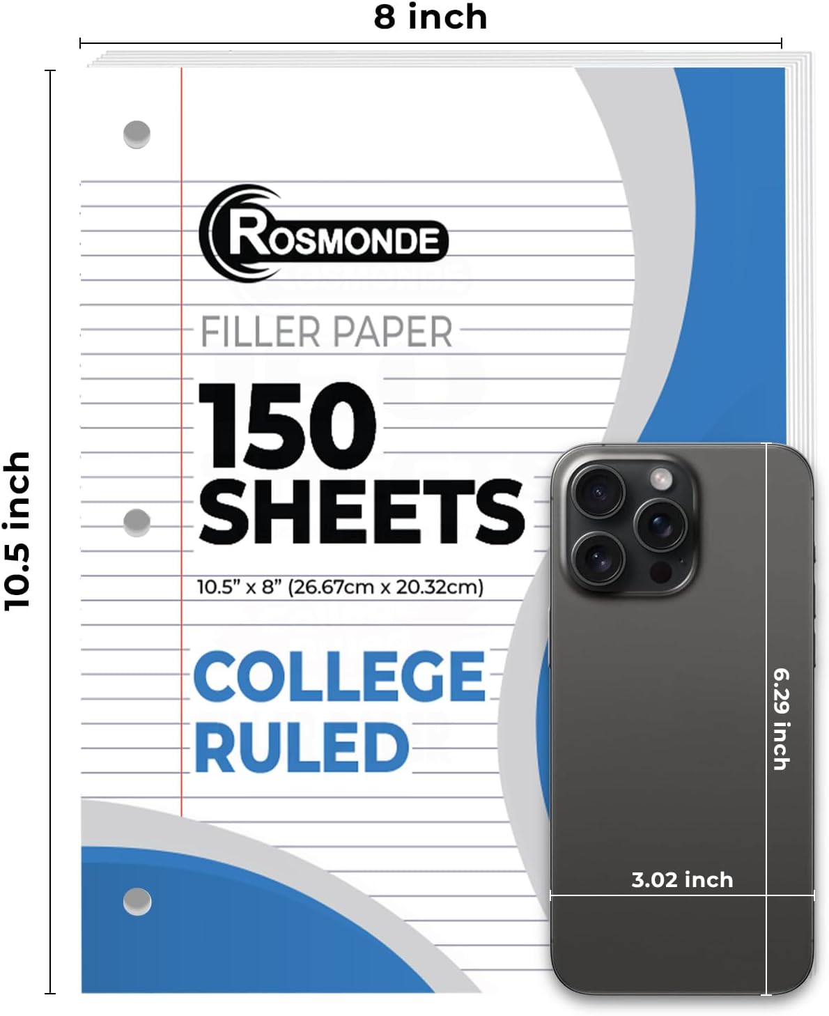 Loose Leaf Paper Bulk, 3600 Sheets, 24 Pack, College Ruled Sheets, 8 x 10.5", 150 Sheets/Pack, 3 Hole Punch, Bulk Notebook Paper, Filler Sheets, Fits Standard Binders, Fights Ink Bleed, White
