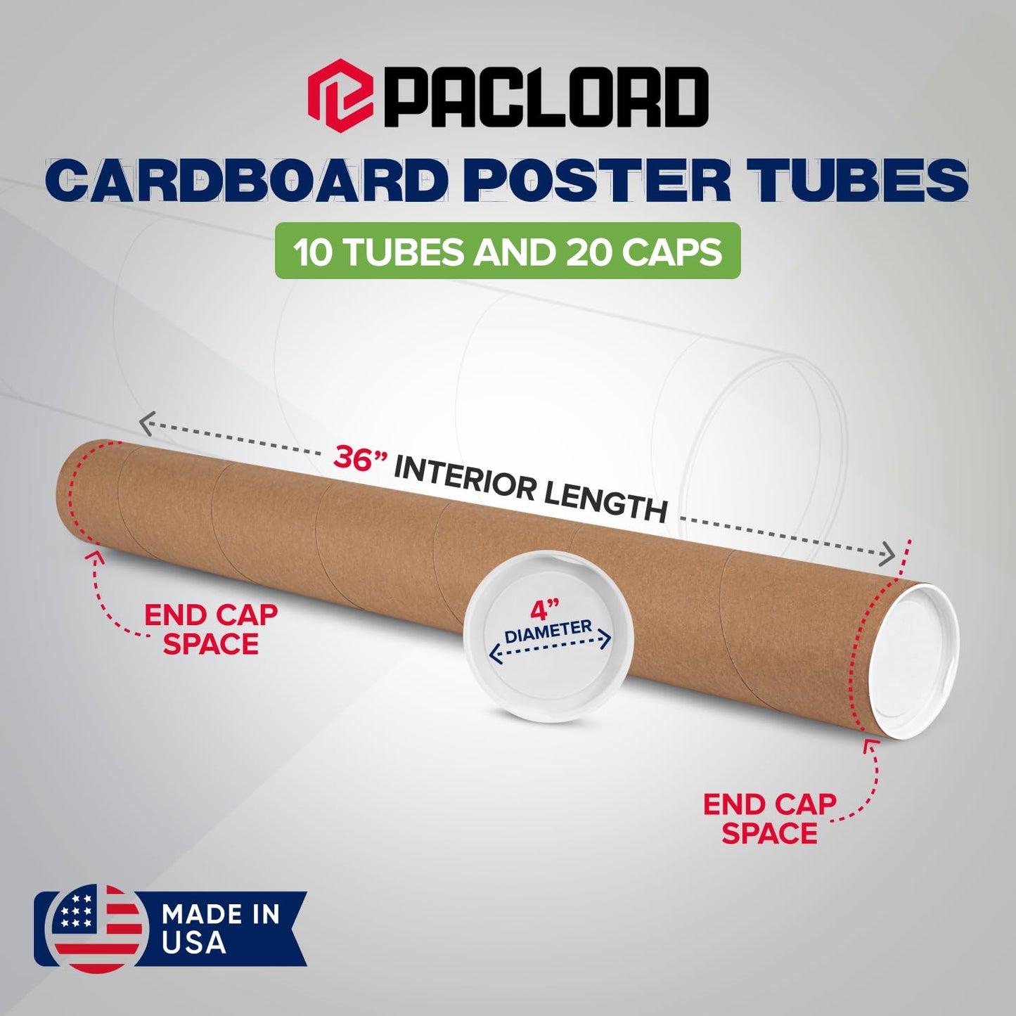 4" x 36" Reinforced Kraft Paper Mailing Tubes, Pack of 10 Tubes with 2 Caps Each – USPS Approved Poster Tube – Made in USA Cardboard Tube for Shipping and Storing Posters, Prints, Artwork, Documents