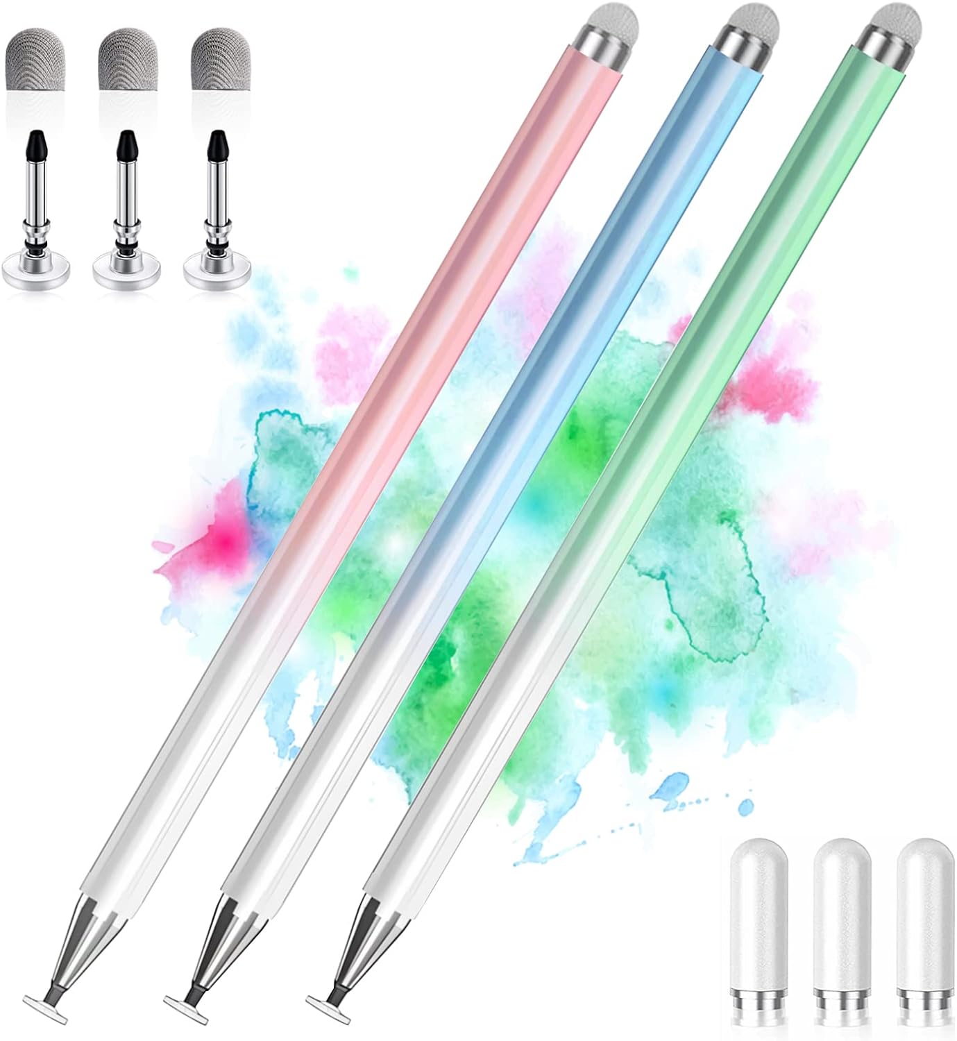 Stylus Pens for Touch Screens, 2 in 1 High Precision Universal Stylus Pen for iPad Compatible with Apple, iPhone, iPad, Android, Samsung Tablets, Phones, 3 Pack -Blue, Green, Pink
