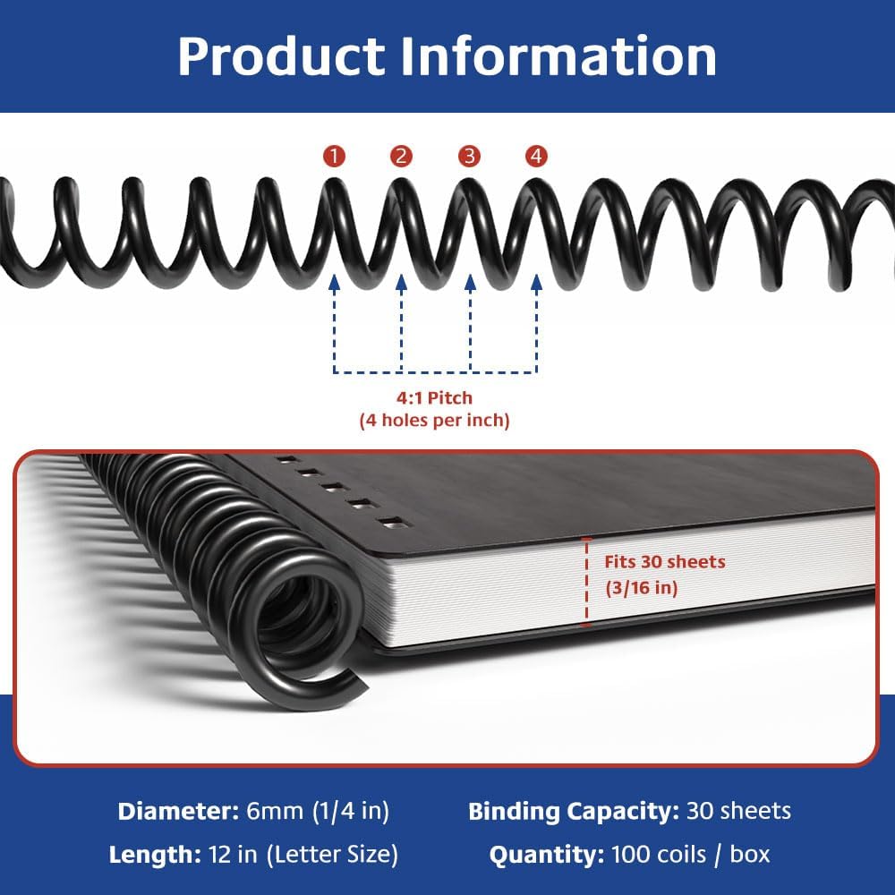 TruBind 6mm (1/4 in.) Spiral Binding Coils for Reports, Presentations and Proposals | 4:1 Pitch | 12 in. Length | Black | 30 Sheets Binding Capacity | 100 Pack