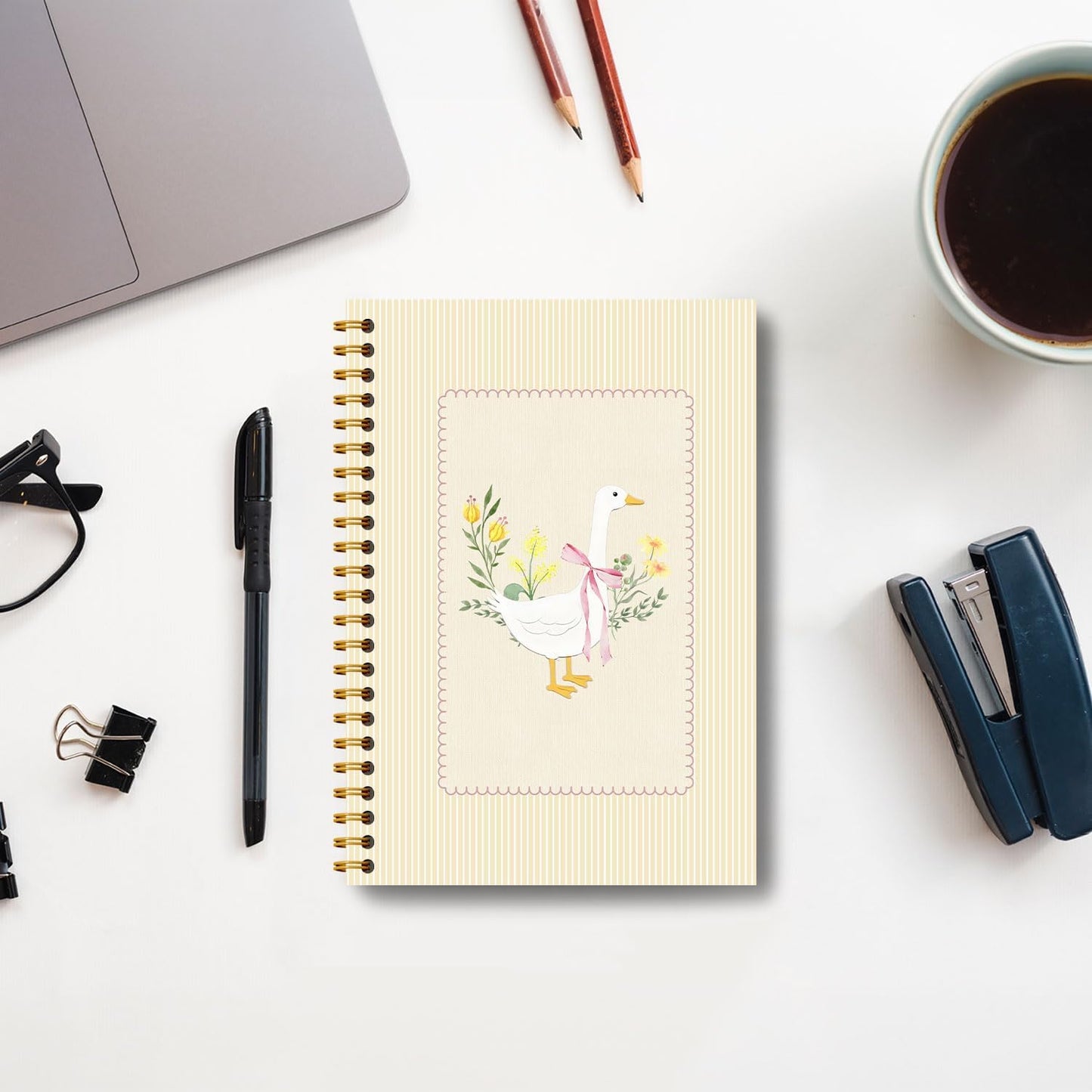 Guymn Coquette Pink Bow Floral Goose Notebook, Butter Yellow Cute Goose Journal for Kids Girls, Geese Animal Lover Gifts Hardcover Spiral Notebooks Journals 5.5x8.3 Inch