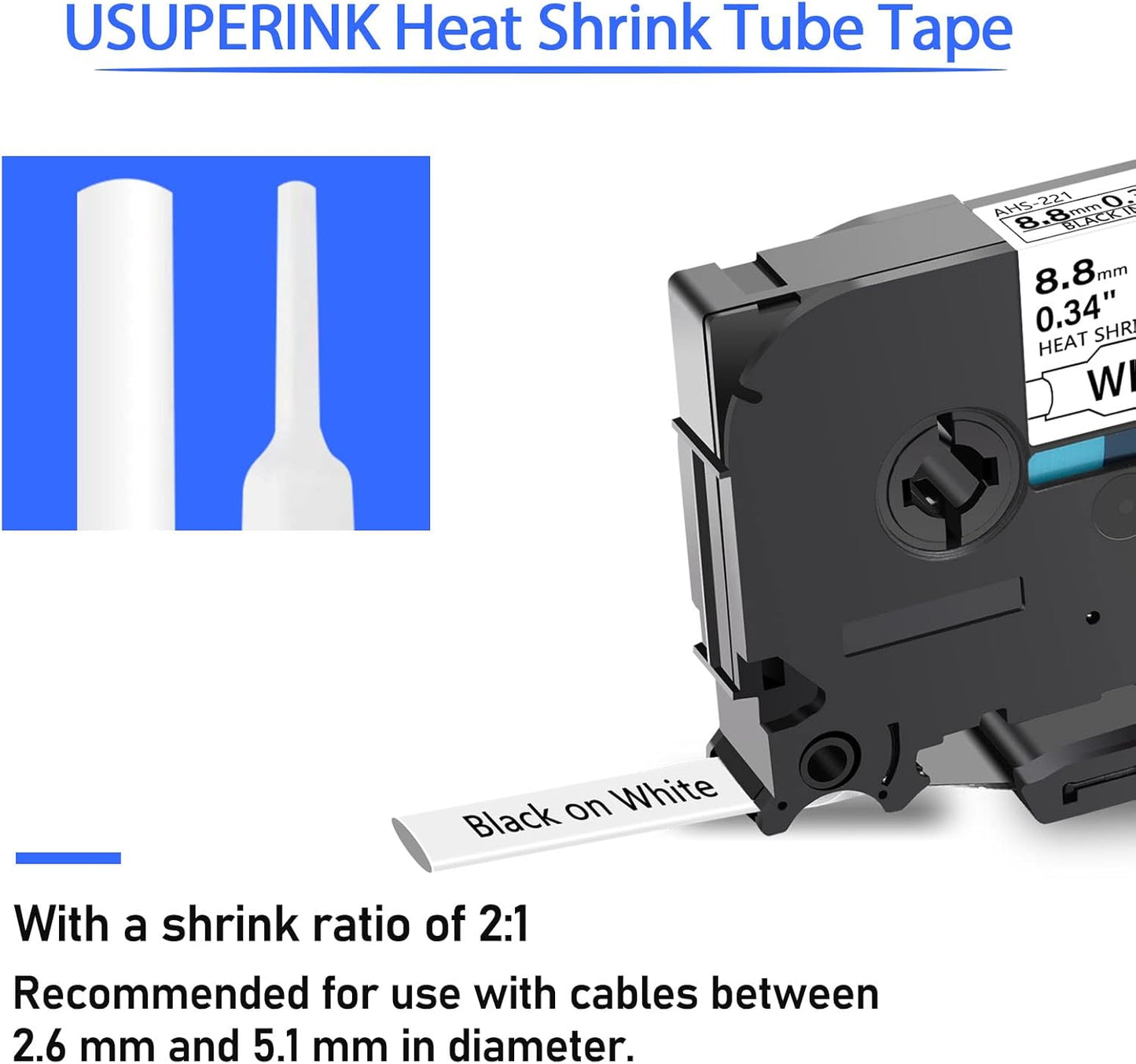 10PK Compatible for Ptouch HSe-221 HSe221 HS-221 HS221 Black on White 8.8mm 0.34'' Heat Shrink Tubing for Wire Cable for PT-D200 PT-D215e PT-D201 PT-D210 Label Maker Tape
