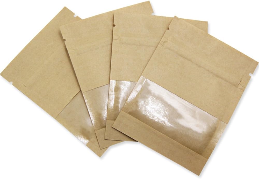 FERENLI 100 Pack 2.8x3.5 inch Small Resealable Seed Coin Envelopes Bags with Clear Window Brown Kraft Paper Heat Seal Packets for Flower Vegetable Seeds Storage Party Favor Pet Food Sample Bag