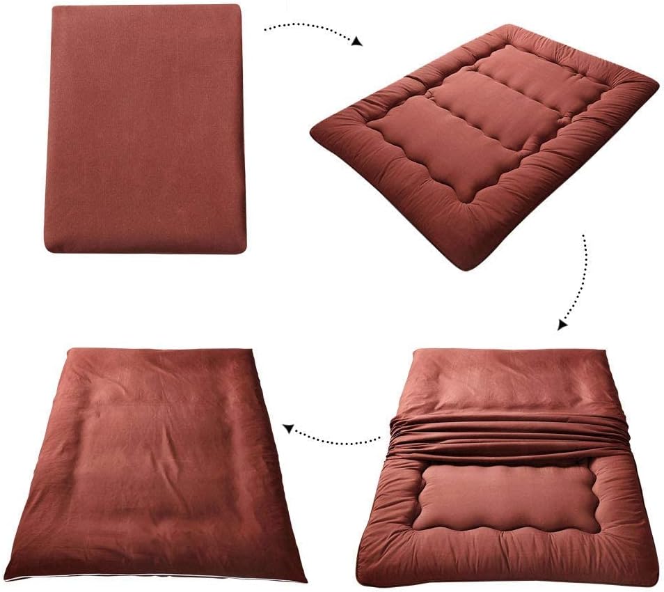 MAXYOYO Japanese Floor Mattress Futon Mattress, Thicken Tatami Mat Sleeping Pad Foldable Roll Up Mattress Boys Girls Dormitory Mattress Pad Floor Lounger Bed, Coffee, Queen