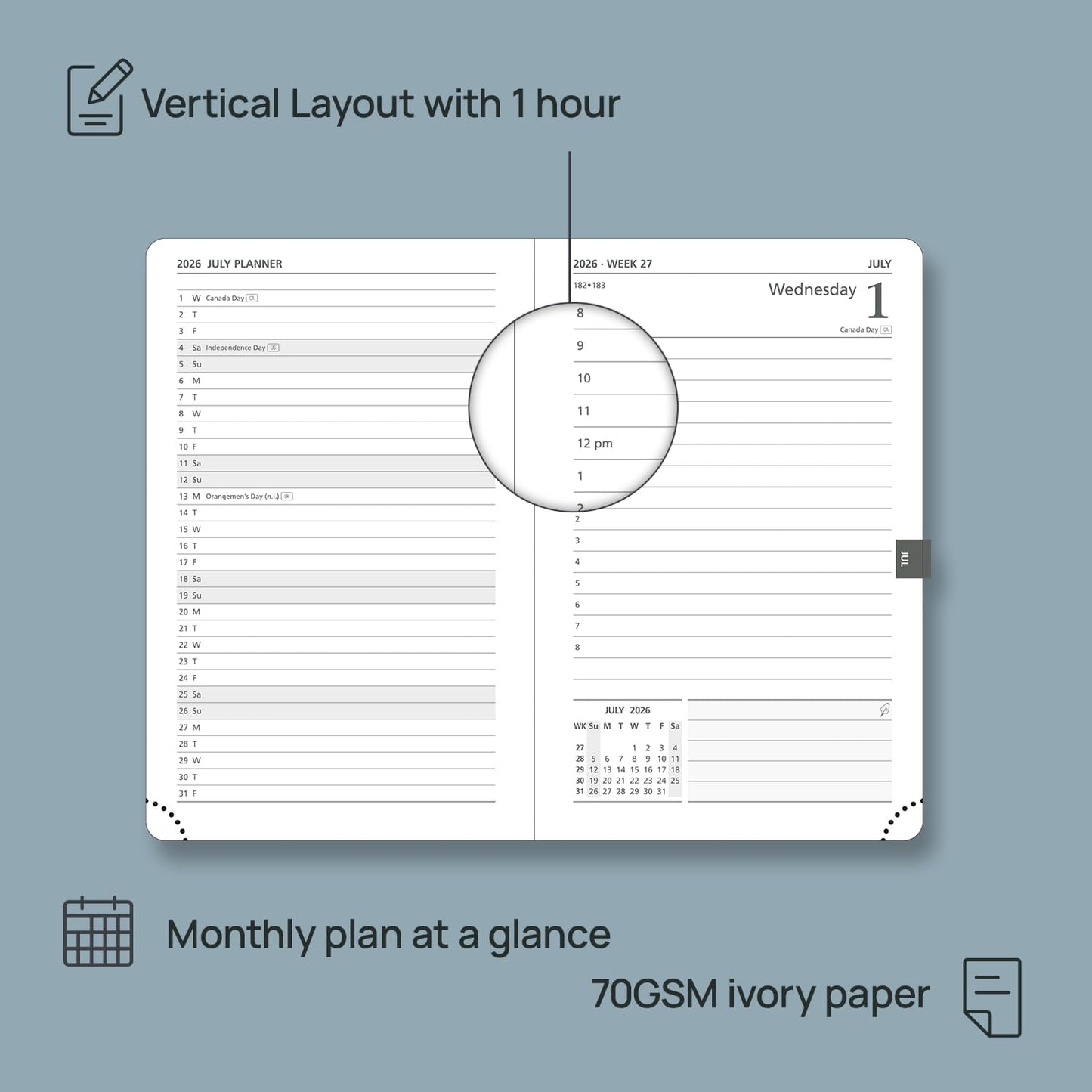 POPRUN 2026 Daily Planner One Page Per Day A6 Size Calendar (4.25" x 6.25") - 12 Months Hourly Appointment Book with Hardcover, Monthly Tabs, Pocket, Pen Holder - Black