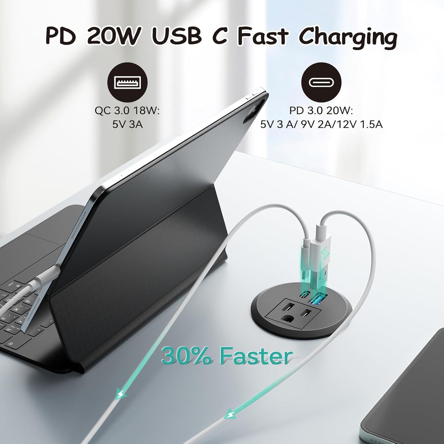 XBA 2inch Desktop Power Grommet Recessed Power Strip with PD 20W USB C,AC Outlet and 18W USB A Charging Port, Hidden Power Outlets with 6FT Extension Cords for Office, Home(Black)