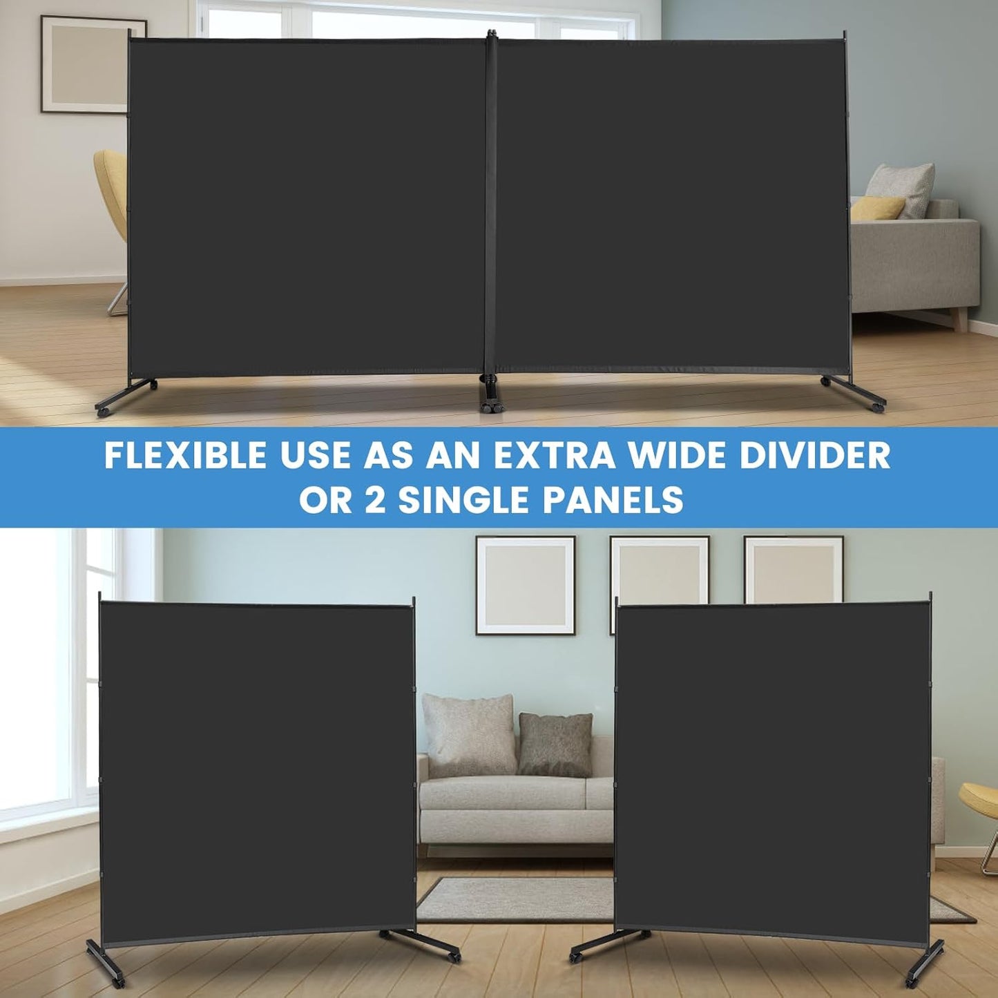 MAYOLIAH Indoor Room Divider 2 Large Panels on Wheels, 142”W x 75”H Rolling Privacy Screen W/Cover Strip, Portable Wall Divider for Home Office Partition, Black