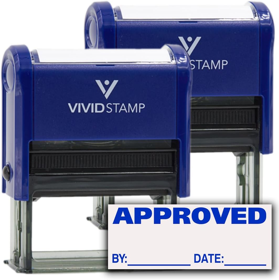 Approved w/by Date Line Self-Inking Office Rubber Stamp (Blue) - Large 2 Pack