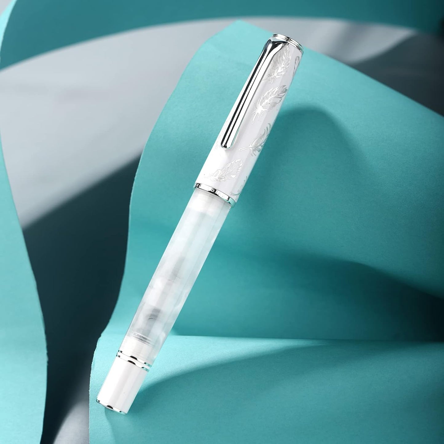 Hongdian N8 White Acrylic Resin Fountain Pen, Long Blade Fine Nib Silver Plated Feather Carving Cap Smooth Writing Pen with Converter and Metal Pen Box Set