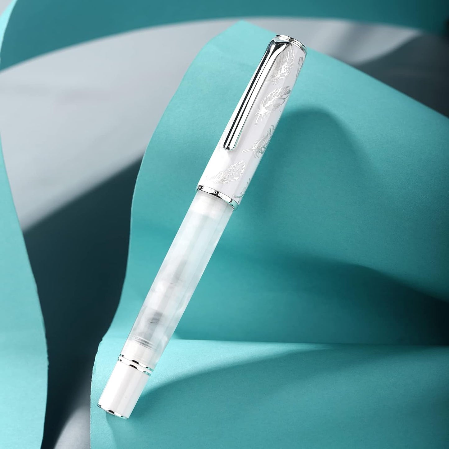 Hongdian N8 White Acrylic Resin Fountain Pen, Iridium Fine Nib Silver Plated Feather Carving Cap Smooth Writing Pen with Converter and Metal Pen Box Set