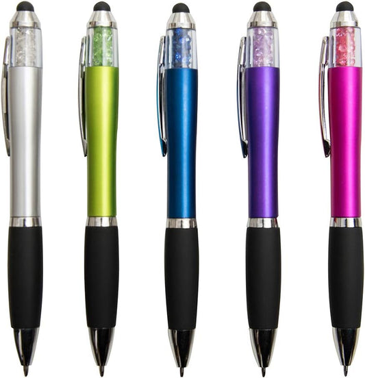 MiSiBao Stylus Pens for Touch Screens, Medium Point Pens with Crystals for Women and Kids Black Ink Pen with Stylus Ballpoint Pens with Comfort Grip for The Ipad (Style-5 Count+3 Refills)
