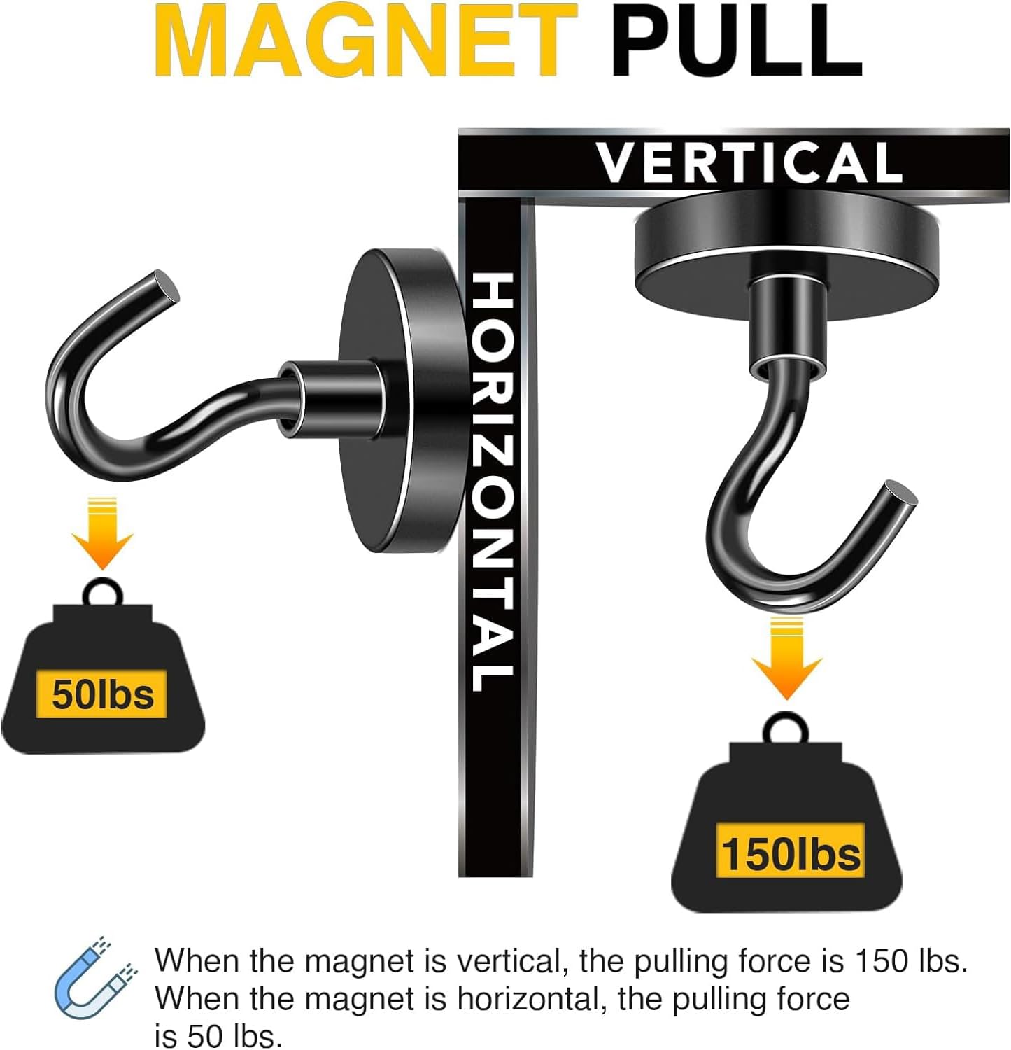 DIYMAG Black Magnetic Hooks, 150 LB Heavy Duty Strong Magnets with Hook, Rare Earth Neodymium Magnet for Cabins Cruise Ship Essentials 8 Packs