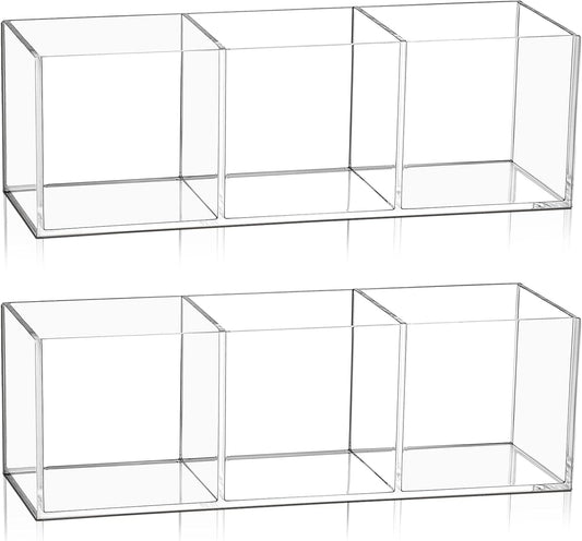 Epakh 2 Pieces Acrylic Cube Organizer 3 Compartments Clear Acrylic Pencil Holder Makeup Brush Drawer Organizer for Desk, Office, Vanity