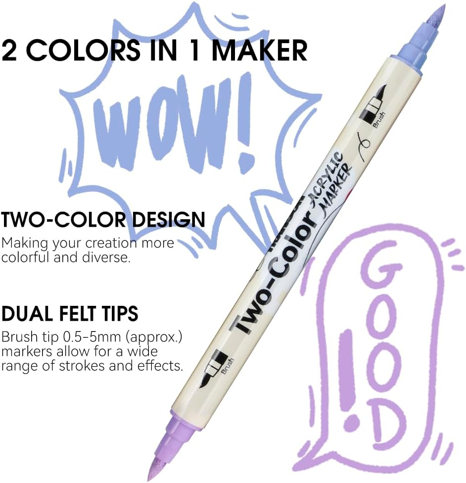 TRANSON 80 Colors Acrylic Paint Marker Set, 40 Pieces of Dual-color Acrylic Paint Pens with Brush Tips Versatile for Craft Painting, Drawing, Rock Painting, DIY, Paint on Most Surfaces