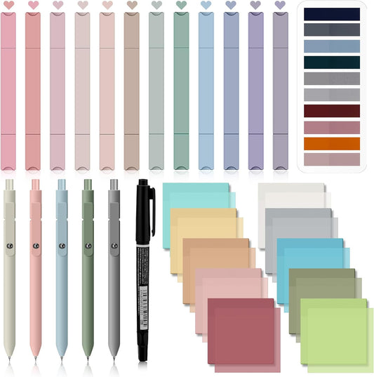Jutom 38 Pcs Book Annotation Kit Aesthetic Highlighters Gel Pens Set Sticky Notes Tabs Markers Dual Ended Highlighter Quick Dry Ink Pens for Office Annotating Books(Earth Tones,Square)