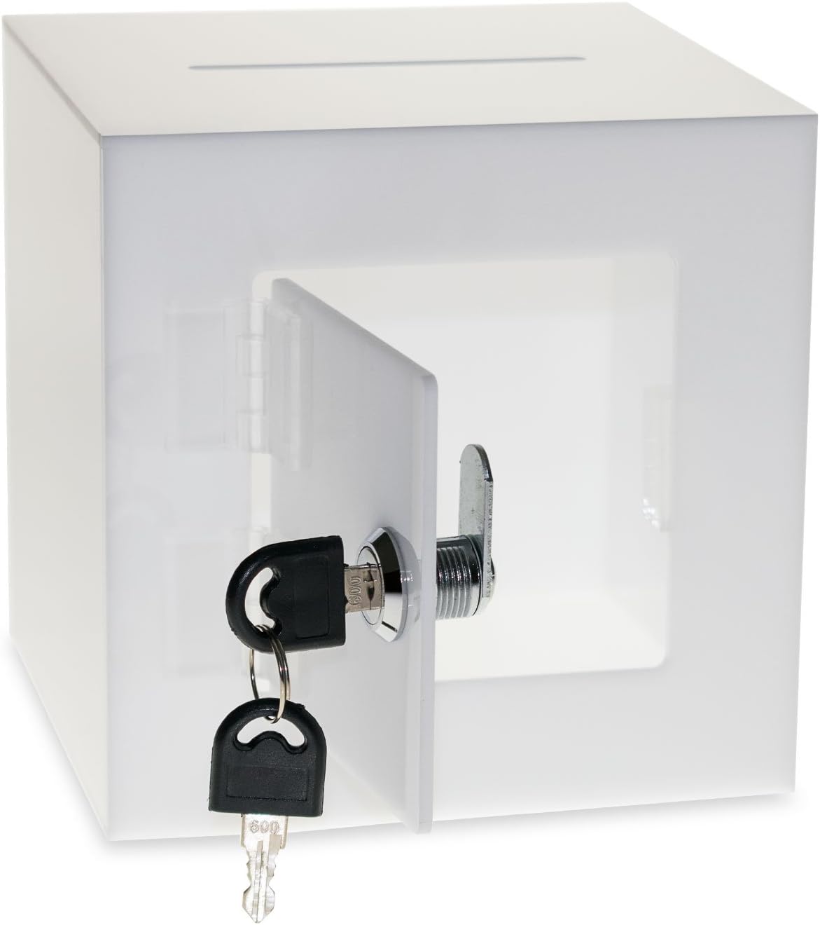 Source One Premium Acrylic Cube Donation Box with Deluxe Rear Open Door and Cam Lock Suggestion Box (12 Inch, White)
