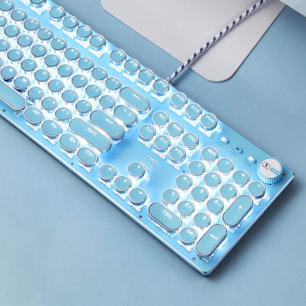 Basaltech Mechanical Gaming Keyboard and Mouse Combo, Retro Steampunk Vintage Typewriter-Style Keyboard with LED Backlit, 104-Key Anti-Ghosting Blue Switch Wired USB Metal Panel Round Keycaps, Blue