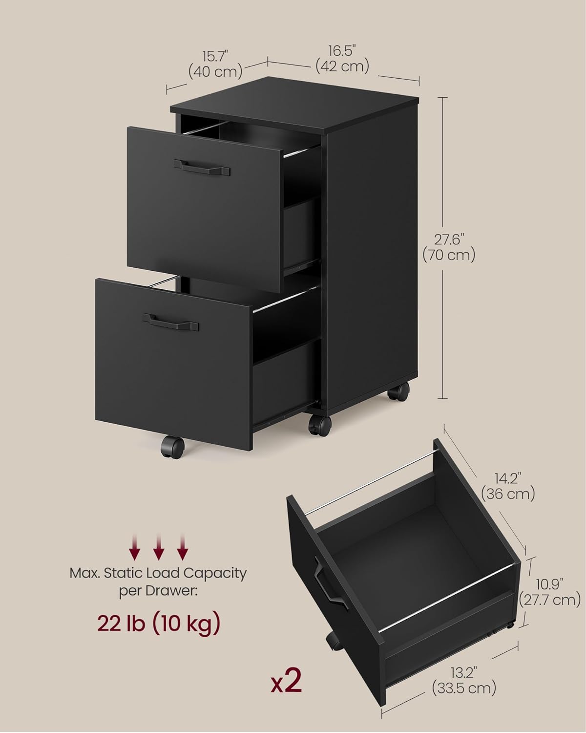 VASAGLE 2-Drawer File Cabinet, Small Rolling Filing Cabinet for Home Office, Printer Stand, for A4, Letter-Size Documents, 15.7 x 16.5 x 27.6 Inches, Matte Black UOFC040B16