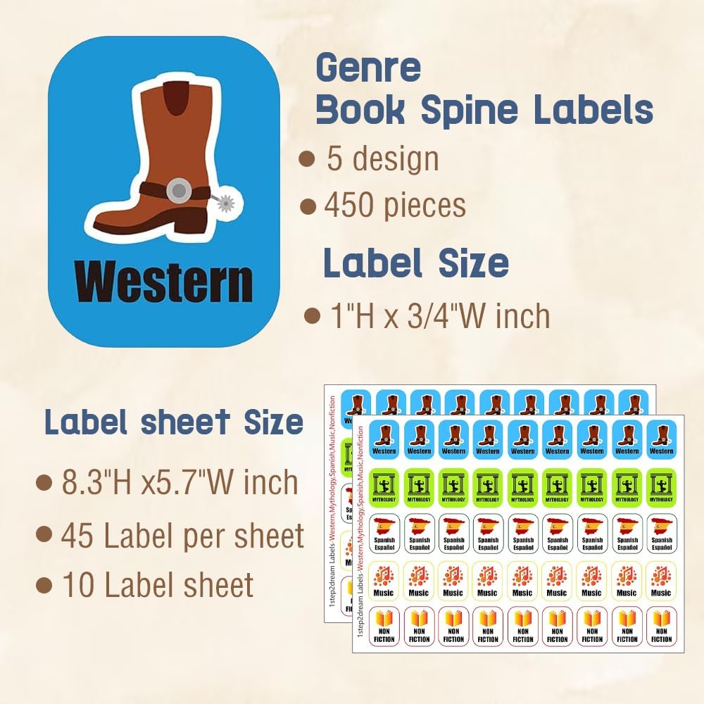 Library Genre Book Spine Labels | Classroom Classification Stickers Set of 450pcs | Nonfiction, Western, Mythology, Spanish, Music