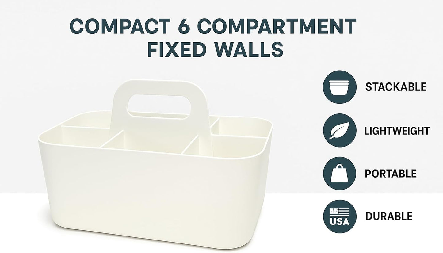 2 Pack Small 6 Compartment Multiuse Caddy Organizer with Handle Art Craft Supplies, Office, Desk, Stationery Pen Holder Stackable- Made In USA (Ivory)