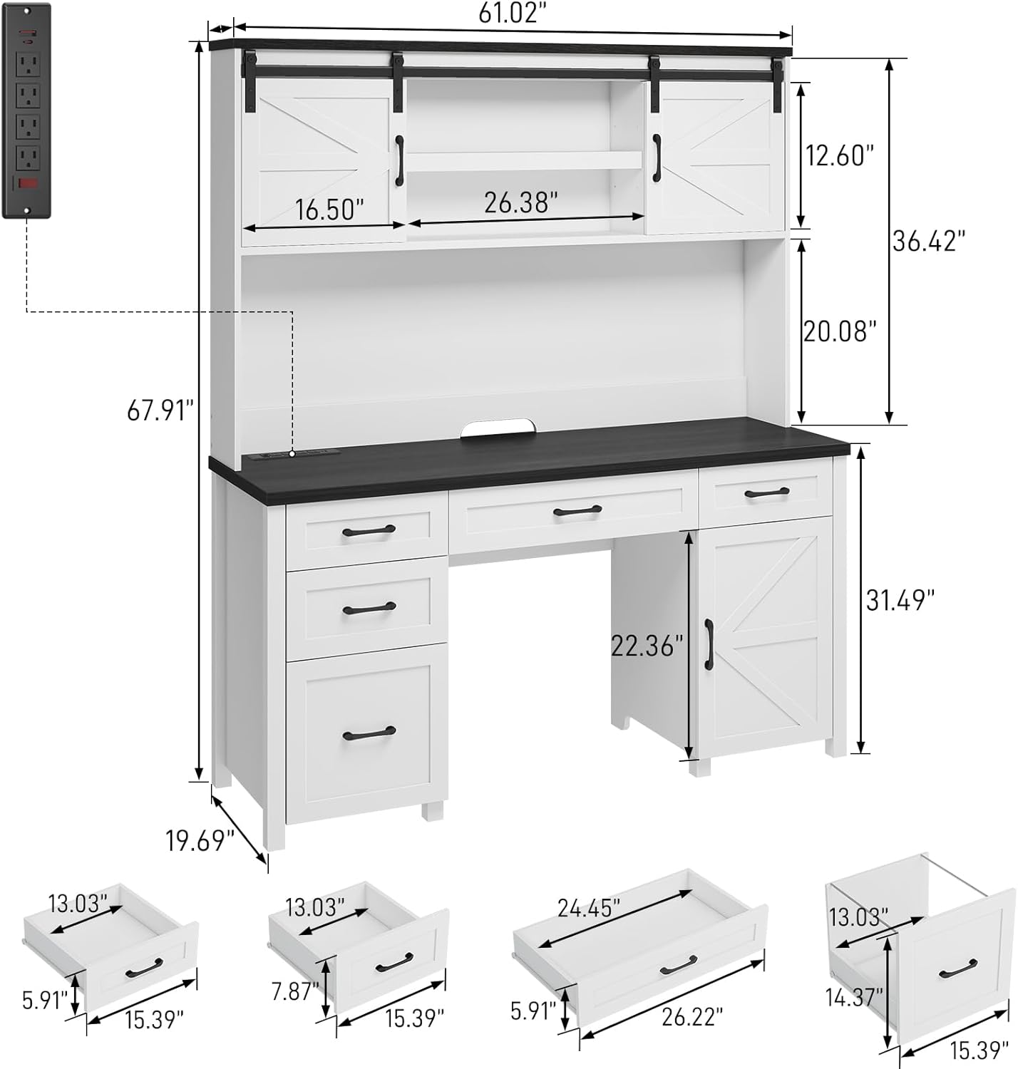 Farmhouse 67" H Executive Desk with Hutch,Office Table with 5 Drawers, Computer Desk with Storage Cabinet & File Drawers and Charging Station, Wood Workstation for Home Office and Study.(Black)