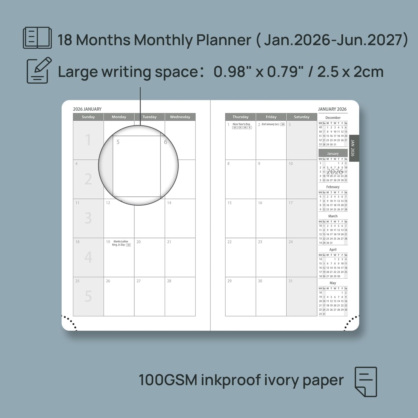 POPRUN Pocket Monthly Planner 2026-2027 (Pocket- 4''x 6.25'' Soft Leather Cover) - 18 Month Calendar Book for Purse (Jan.2026 - Jun. 2027), 100 GSM Thick Paper - Grey