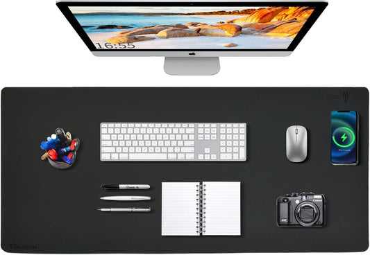 Desk Mat Wireless Charging Mouse Pad Large 32x16 Journey Desk Pad Mat with Wireless Charger Waterproof Black Leather Computer Mat with Phone Charger Mousepad Non-Slip for Keyboard and Mouse