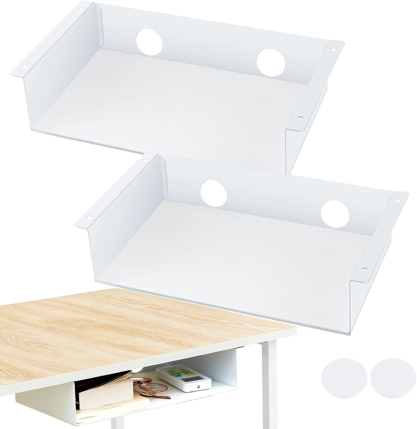 2 Pack Under Desk Storage Shelf, Carbon Steel Tray with Mute Felt Sheets, Mount Shelf Organizer for Office Home Workstation Gaming Stand Up Desk, 13x8x2.8 in(White)