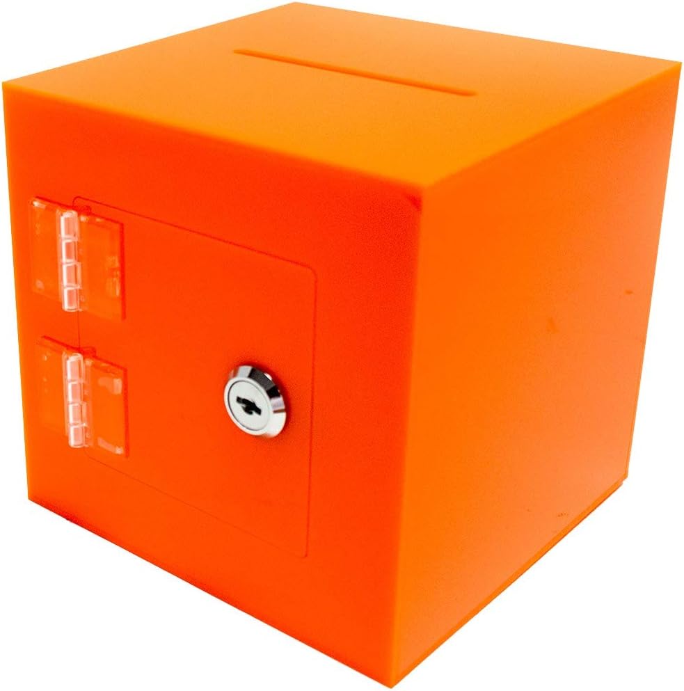 Source One Premium Acrylic Cube Donation Box with Deluxe Rear Open Door and Cam Lock Suggestion Box (6 Inch, Orange)