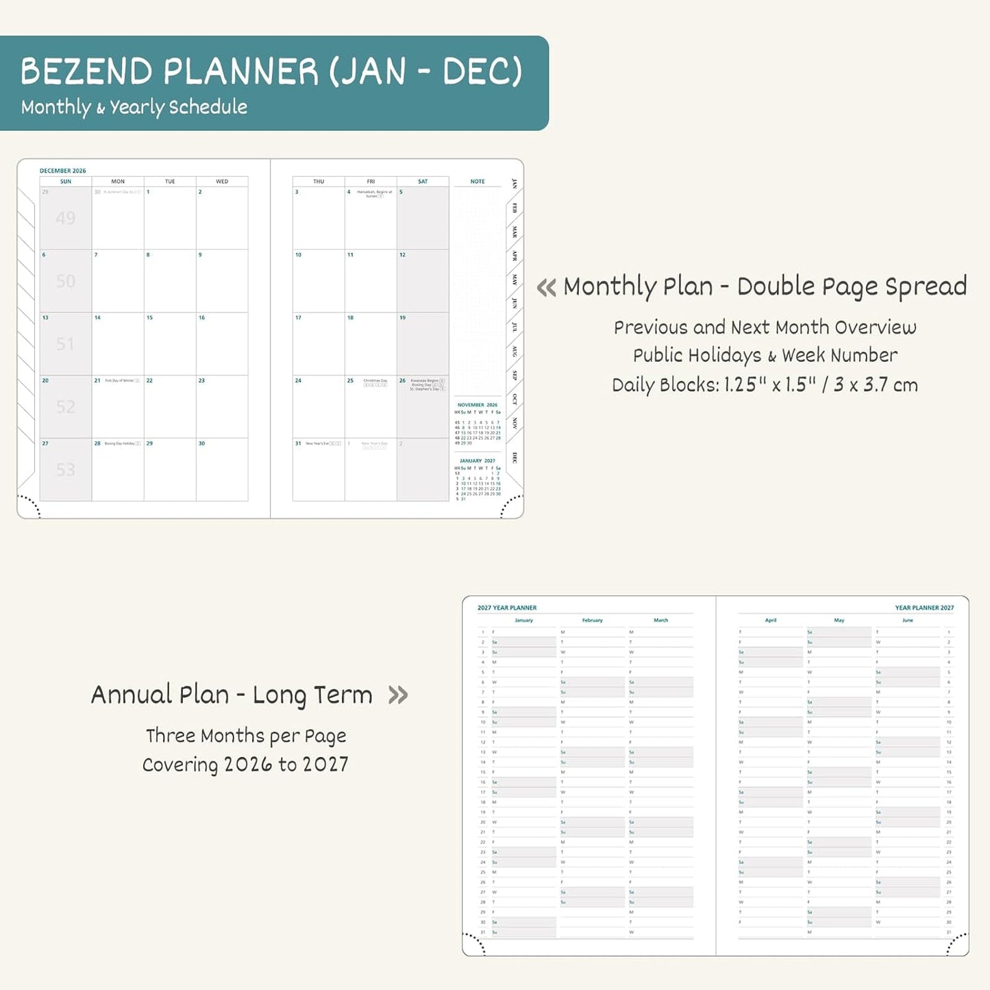 BEZEND 2026 Planner Weekly and Monthly (6" x 8.5") Daily Calendar with Half-Hourly Timeslots & Tabs (Jan-Dec) Note & Expenses, Pen Holder, Inner Pocket, Vegan Leather Hardcover - Black