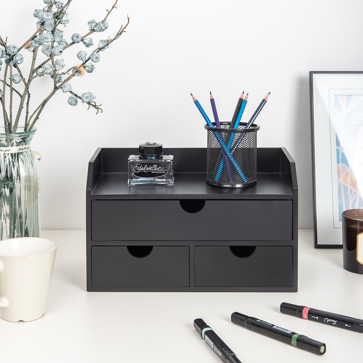 ROSE BLOOM Black Wood Desk Organizer with 3 Drawer, Mini Cute Cabinet with Storage Shelf for Tabletop, Small Desktop Box Organizer for Cosmetic Office Supplies