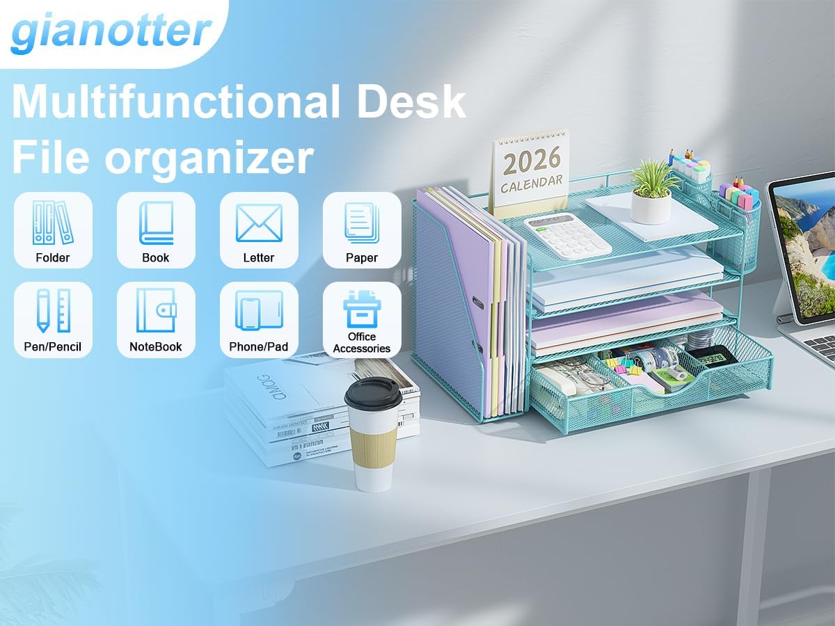 gianotter Desk Organizers and Accessories with File Holder, 4-Tier Desk Accessories & Workspace Organizers with Drawer and 2 Pen Holder, Paper Organizer for Office Supplies (Blue)