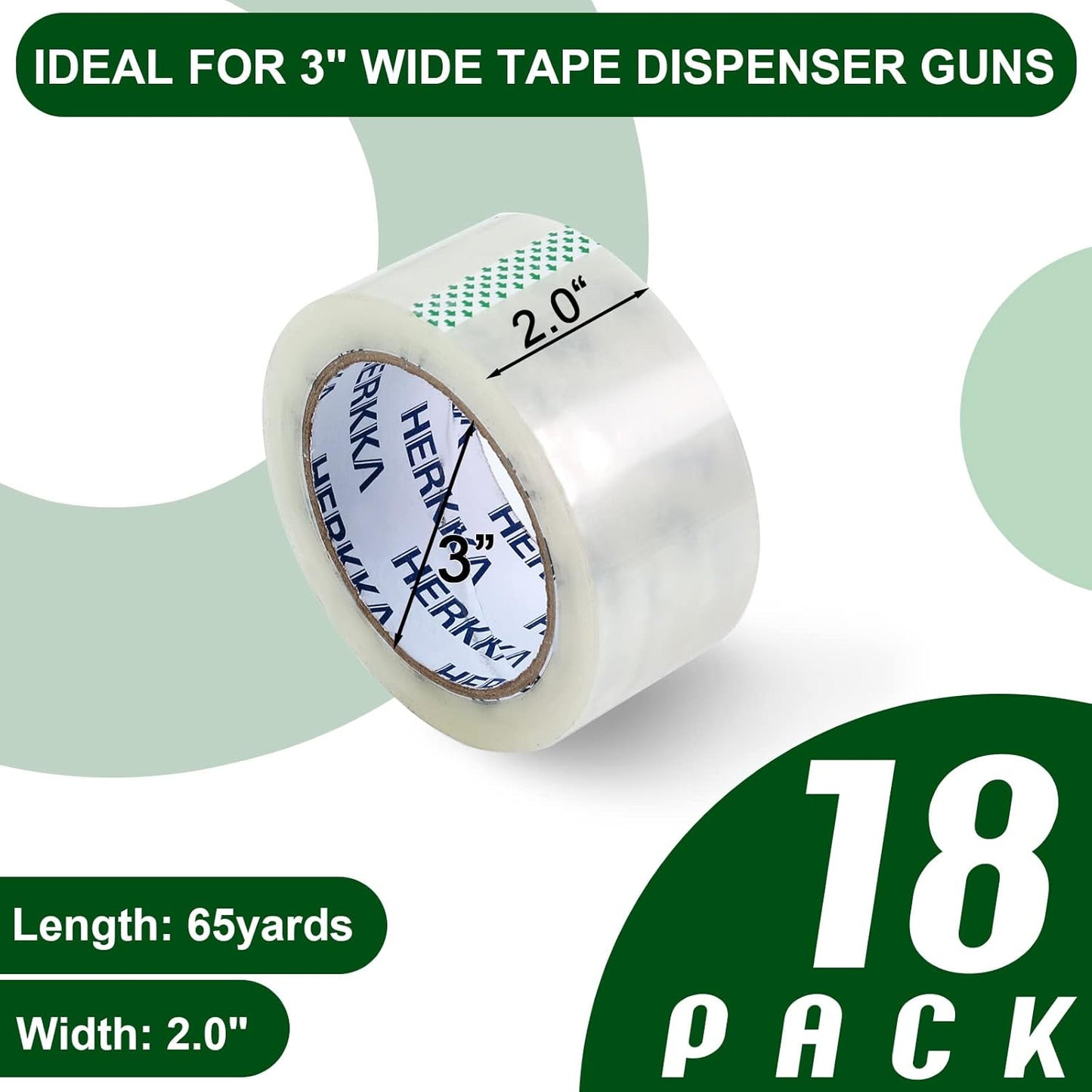 HERKKA Clear Packing Tape, 18 Rolls Heavy Duty Packaging Tape for Shipping Packaging Moving Sealing, Thicker Clear Packing Tape, 2 inches Wide, 65 Yards Per Roll, 1170 Total Yards