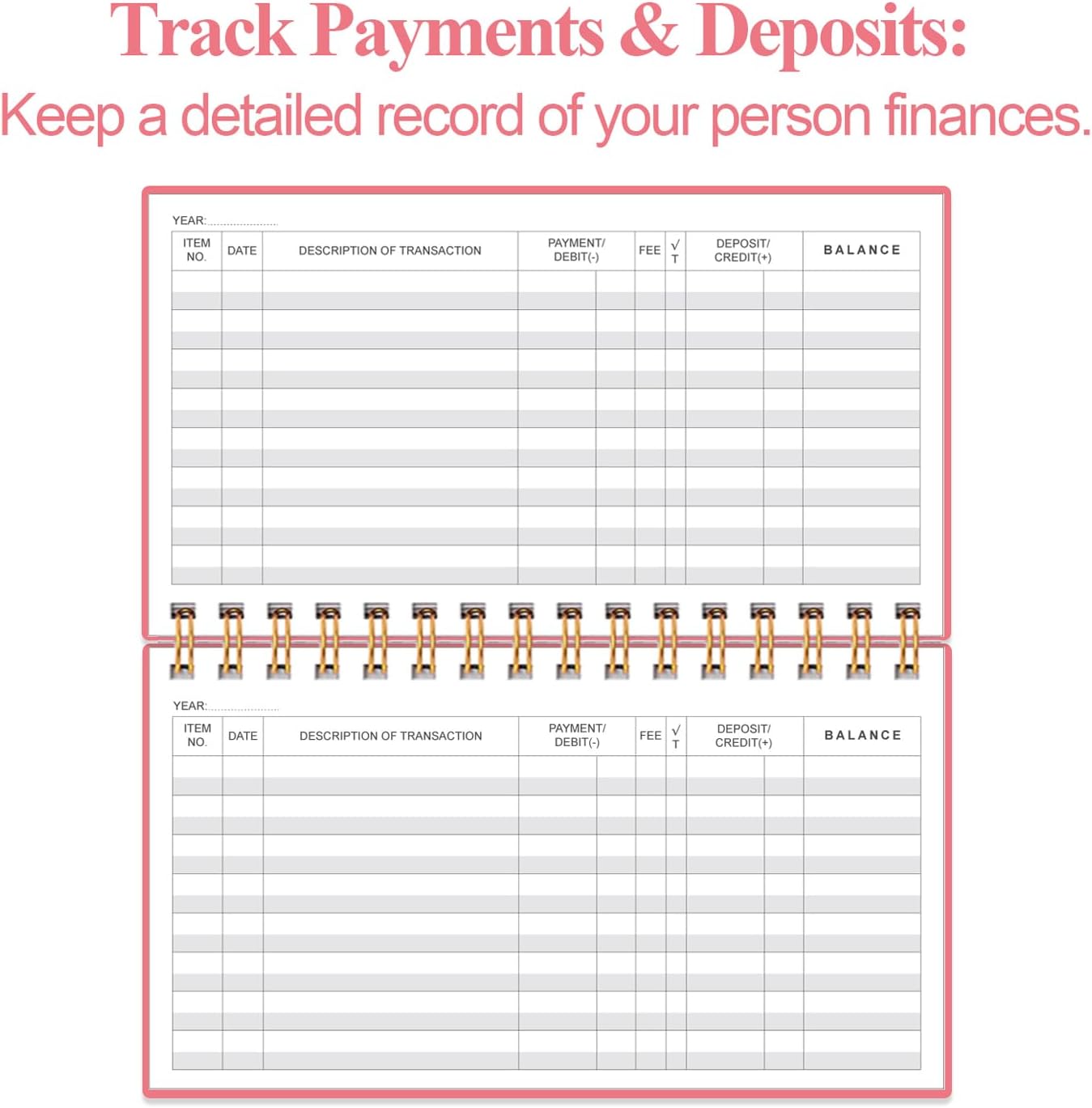 Check Registers for Personal Checkbook - A6 Blank Ledger Transaction Registers for Personal, Check Register Book for Checking and Saving Account, Deposit and Credit Card, 3,75" x 6.75", Pink