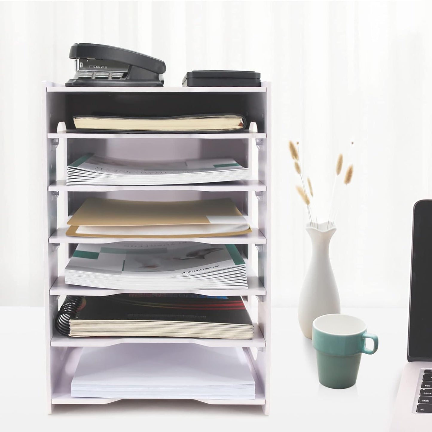 SONGWAY File Organizer for Desk - 7 Tier Document Holder with Removable Shelves, Letter Mail Rack, File Sorter Organizer, A4 Paper Storage Holder, Desktop Organizer for Home Office School, White