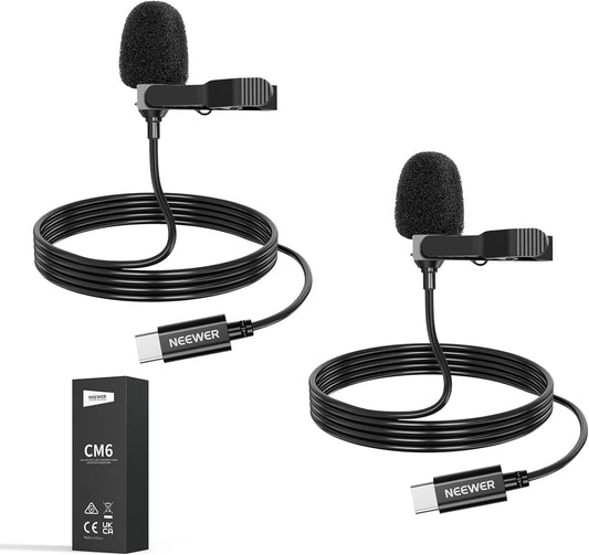 NEEWER Mini USB C Lavalier Microphone 2 Pack Compatible with iPhone 16 15 Pro Max Android Phone Tablet PC, Clip On Omnidirectional Condenser Lapel Mic with 2m/6.6ft Cable