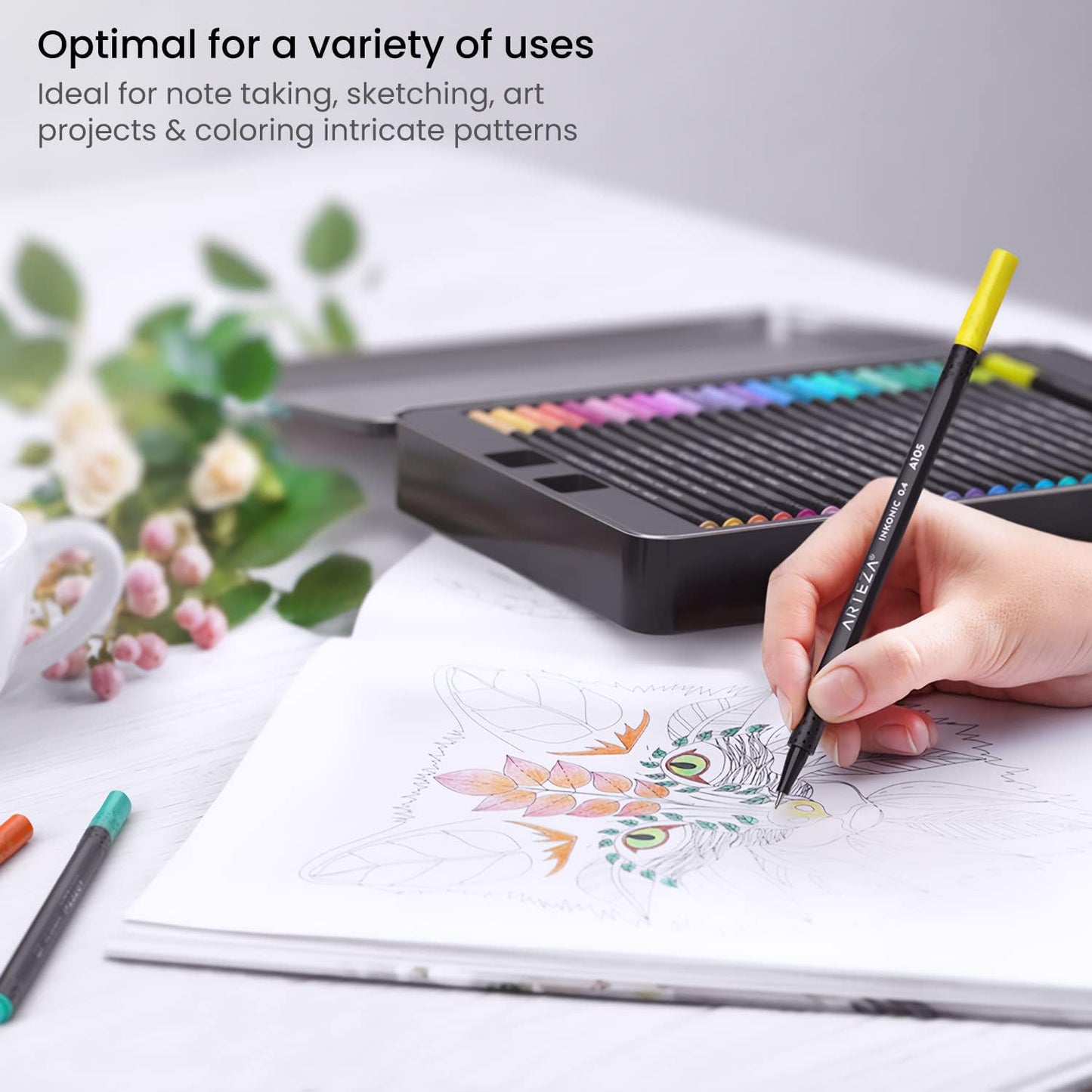 ARTEZA Inkonic Fineliners Pens, Set of 72, 0.4 mm Fine Tip Markers, Water-Based Art Pens for Drawing, Sketching, Journaling, Calligraphy
