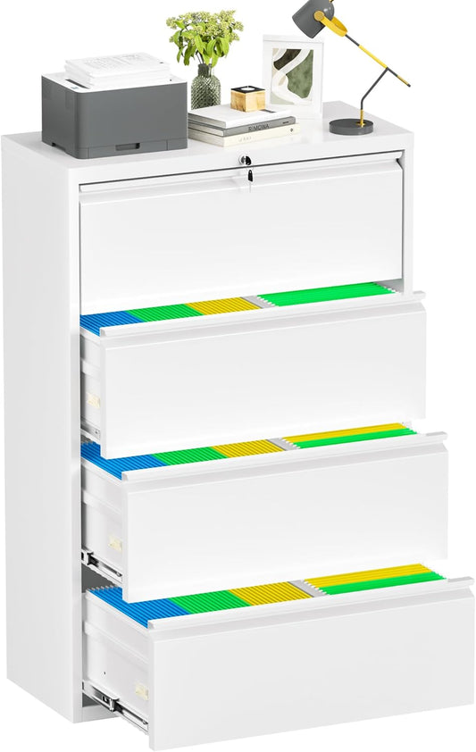 Incbruce 28" W 4 Drawer Lateral File Cabinet, Metal 4 Drawer Lateral Filing Cabinet with Lock, Steel Wide Filing Organization Storage Cabinet for Home, Office, Fit A4/F4/Letter/Legal File (White)