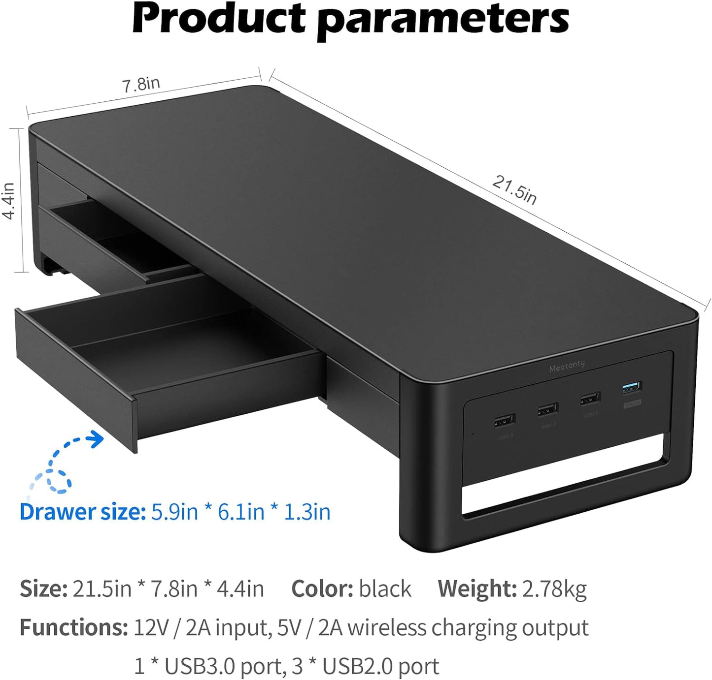 meatanty 2 in 1 Monitor Stand Riser with 2 Storage Drawers and 4 USB Ports, Metal Computer Monitor Stand Supports Transfer Data and Charging, Desk Organizer for PC,Laptop,iMac (21 inches)