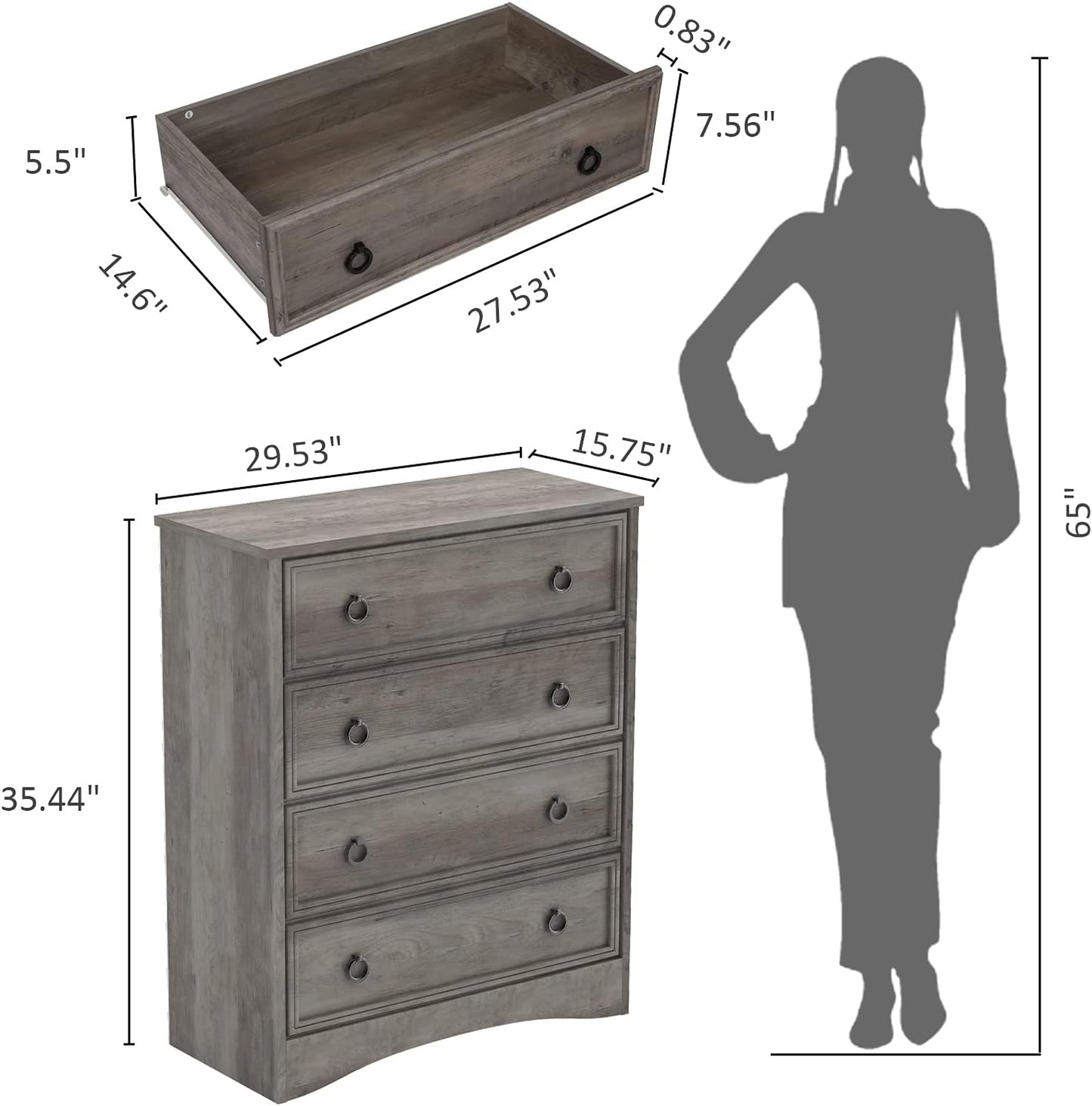 LGHM Modern 4 Drawer Dresser, Dressers for Bedroom, Tall Chest of Drawers Closet Organizers and Storage for Clothes - Easy Pull Handle, Textured Borders Drawers for Living Room, Hallway, Gray