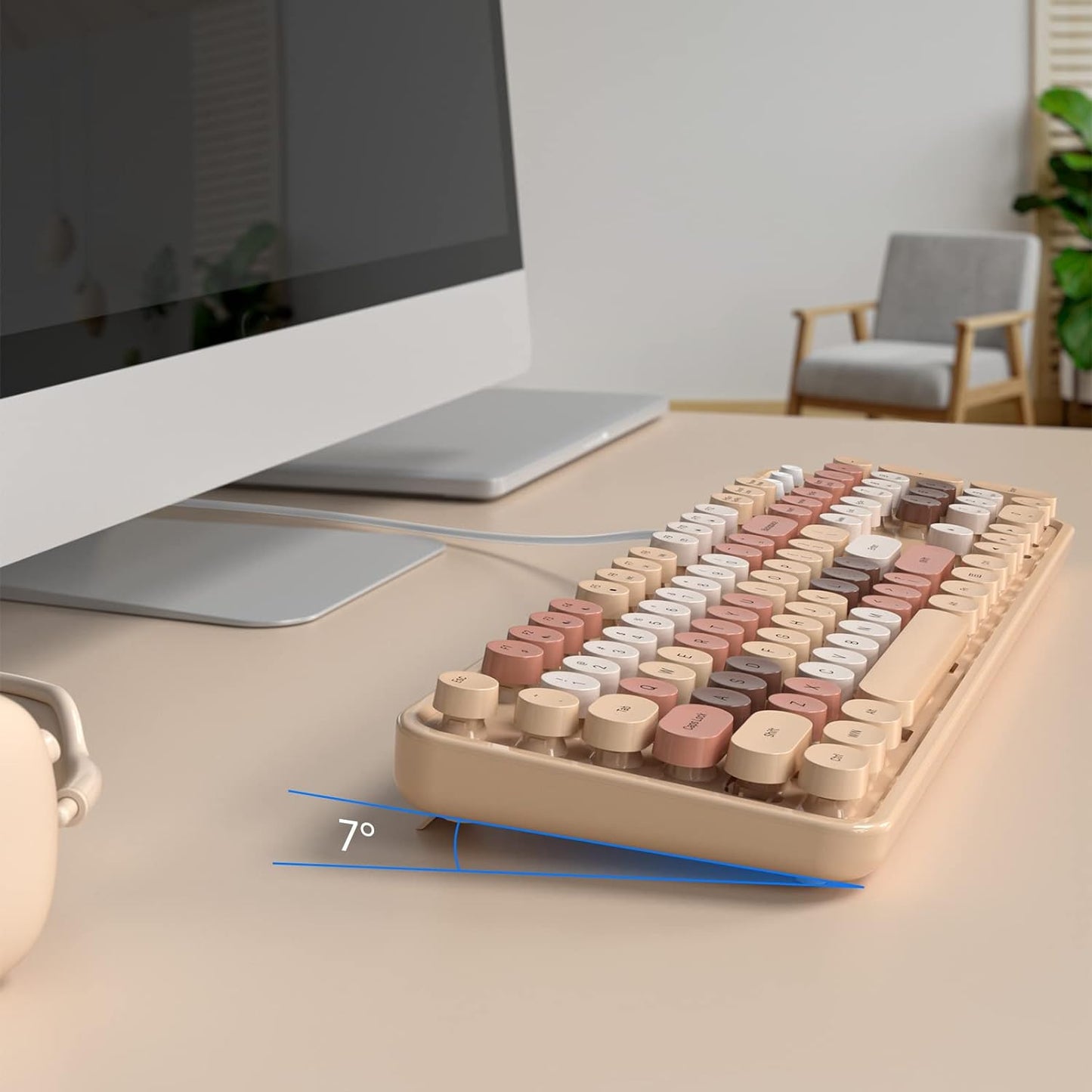 Wired Keyboard, 104 Keys Full-Sized Typewriter Keyboards, USB Plug and Play Office Keyboard with Number Pad, Caps Indicators, Foldable Stands for Windows, PC, Laptop, Desktop (Milk-Tea)