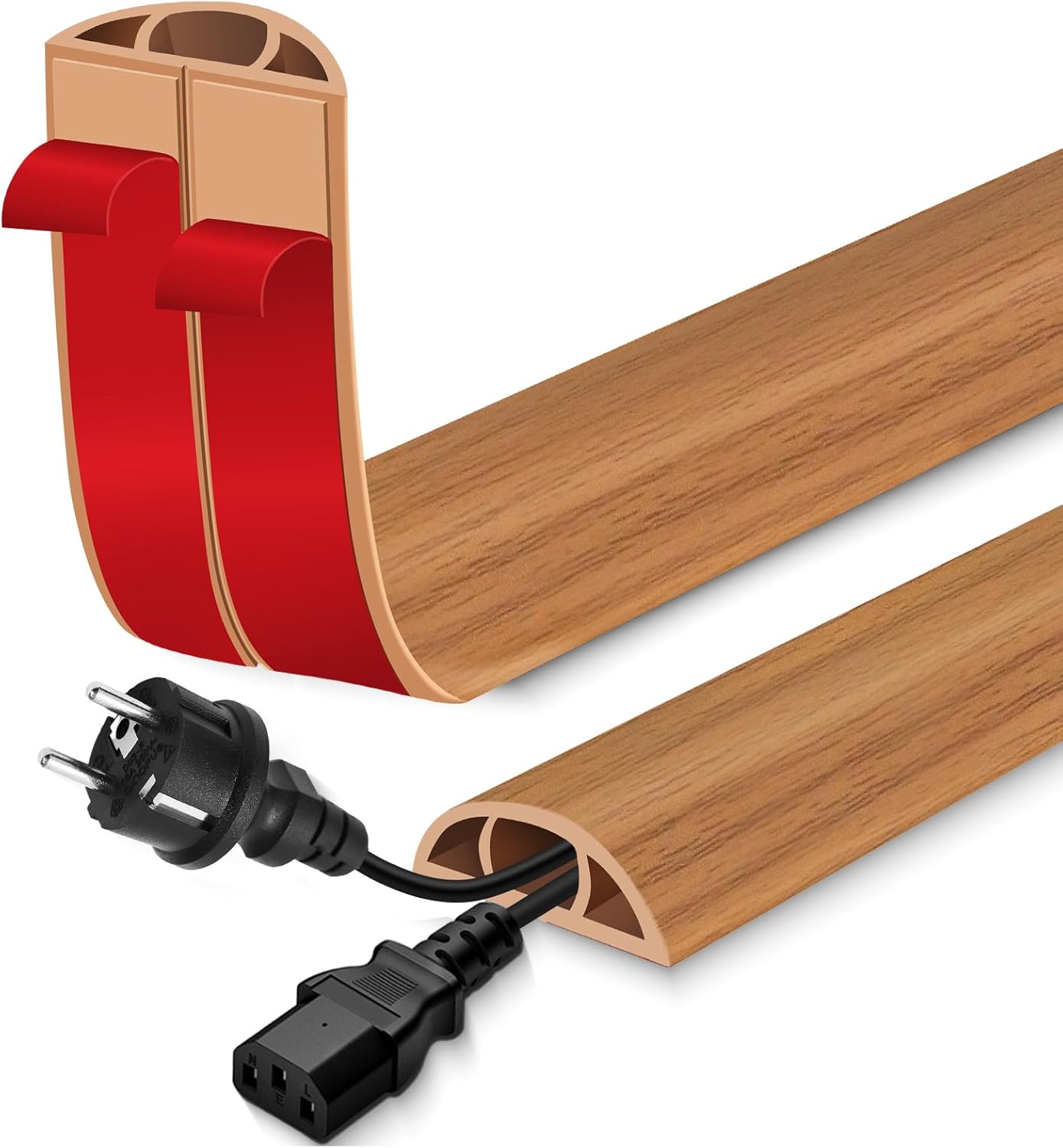 Floor Cord Cover for Wires on Floor Self Adhesive Cord Hider Floor Cable Management Wire Covers for Cords Protector Prevent Cable Trips Cord Cavity W 0.59" x H 0.31", Brown Wood, 3.3Ft