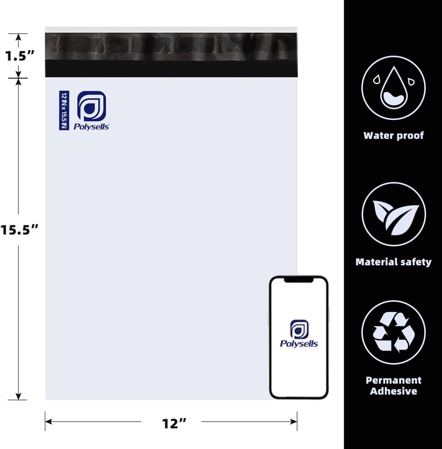 POLYSELLS 500 Pcs 12x15.5 Inch White Poly Mailers Shipping Envelopes, Strong Adhesive Sealing, Waterproof, and Tear-resistant Postal Mailing Bags for Clothing, Books, and Accessories