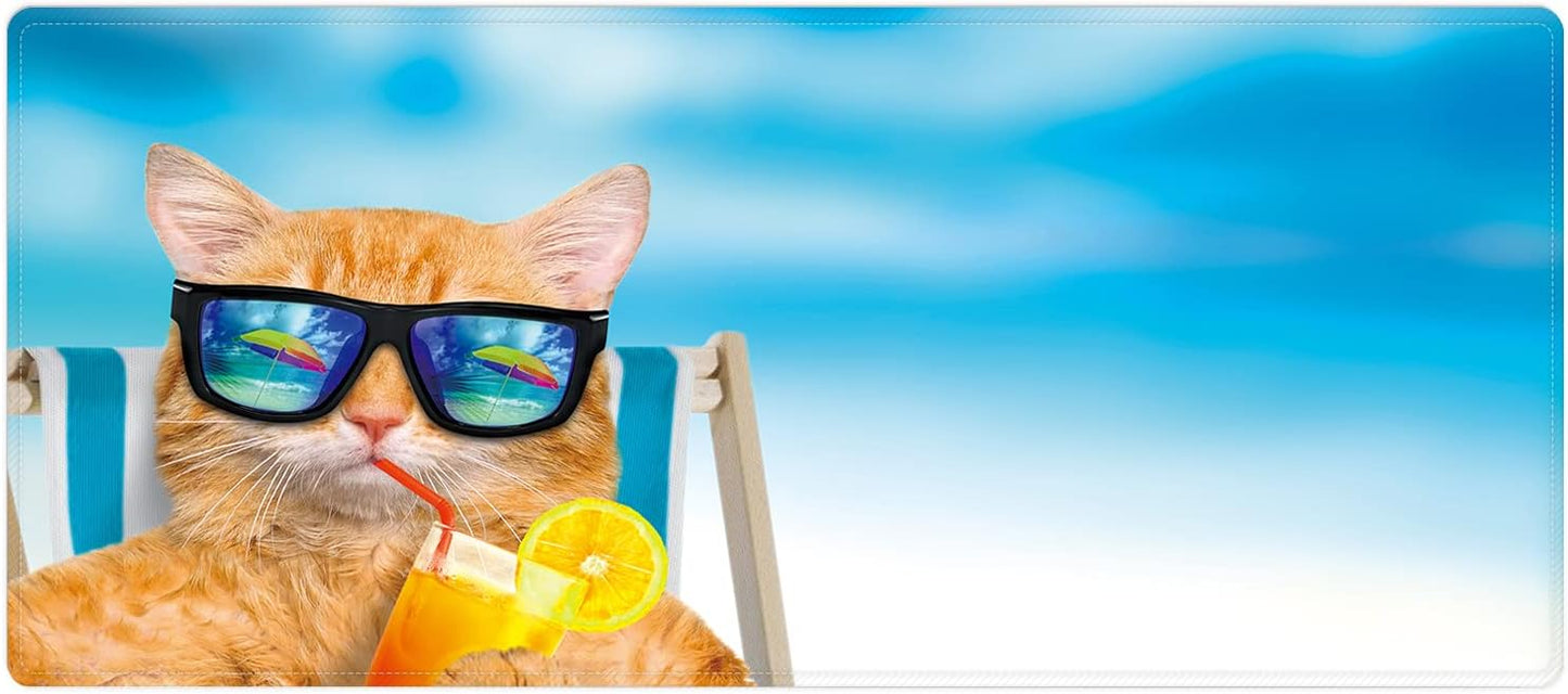 Extended Large Gaming Mouse Pad Cute Cat on Beach Chair XXL Size Keyboard Mouse Mat Desk Pad with Non Slip Rubber Base Stitched Edges Office Decor for Women Girls Men,35.4 x 15.7inch