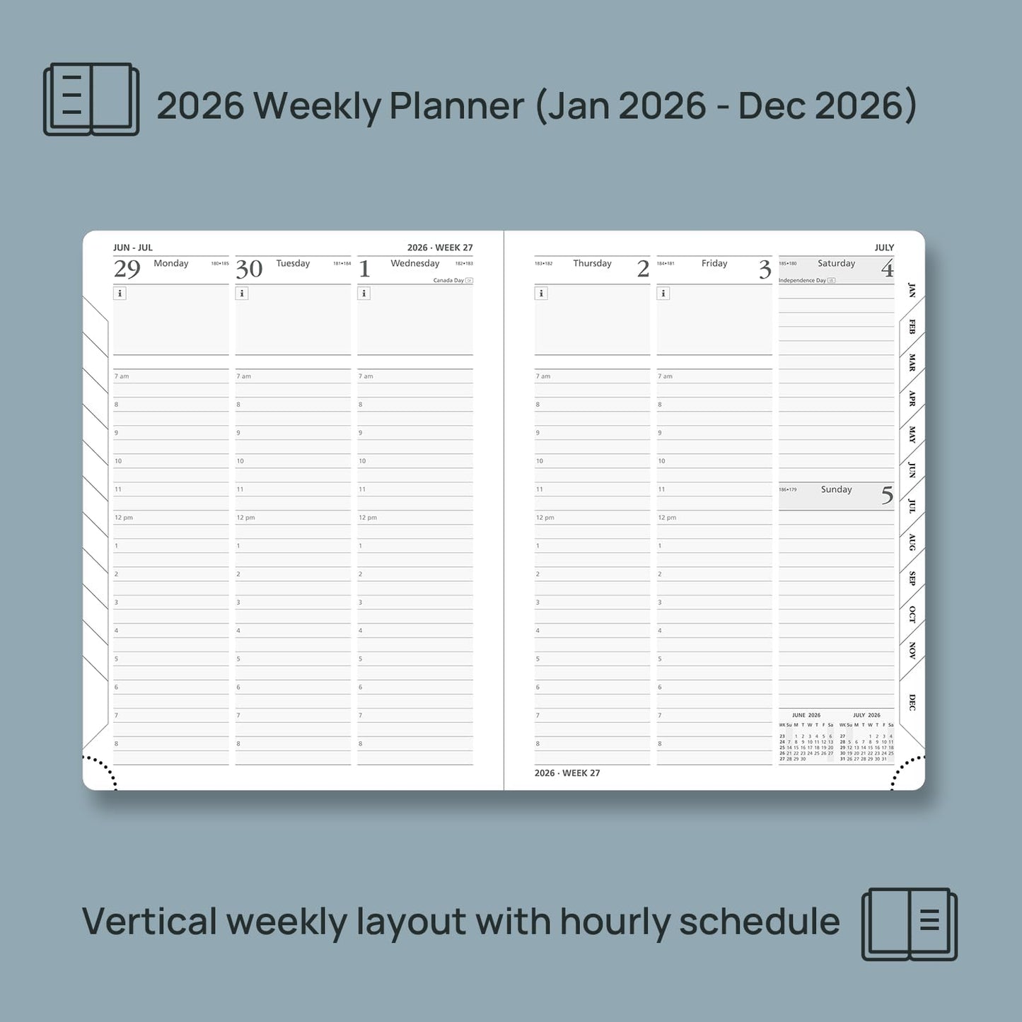POPRUN 2026 Planner (Medium Size 8.5''x 6.5'' Hardcover) - Daily Weekly and Monthly Calendar Agenda 2026 Appointment Book with Hourly Time Slots, Monthly Tabs, 100 GSM - Light Pink