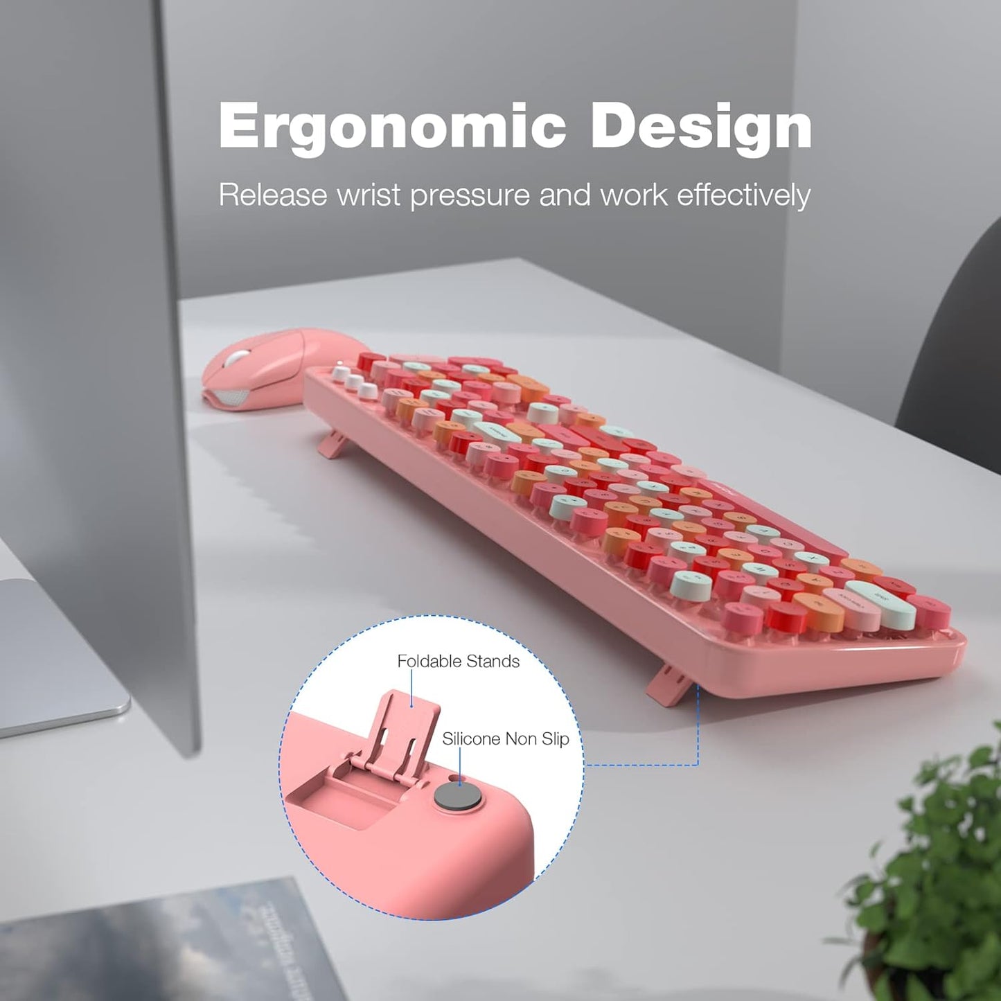 MOFII Wireless Keyboard and Mouse, Pink Colorful Round Key Retro Typewriter Keyboards, USB Wireless 2.4G Full Size Keyboard and Cute Mice Combo for Computer, Laptop, PC, Chromebook, Smart TV