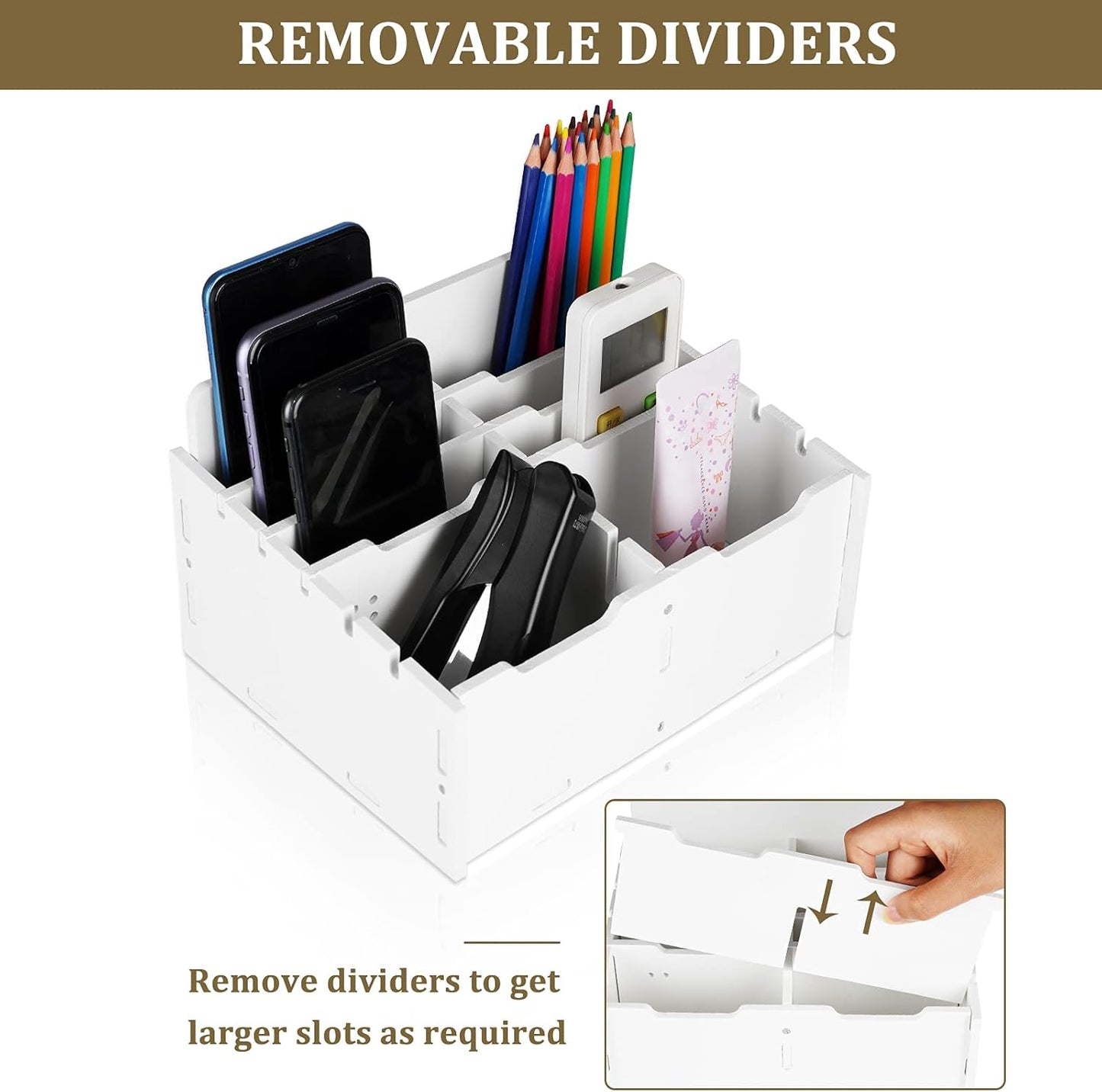 Wooden 12-Compartment Desktop Organizer Multifunctional Storage Box Desk Supplies for Cell Phones Holder White (12-Grid)