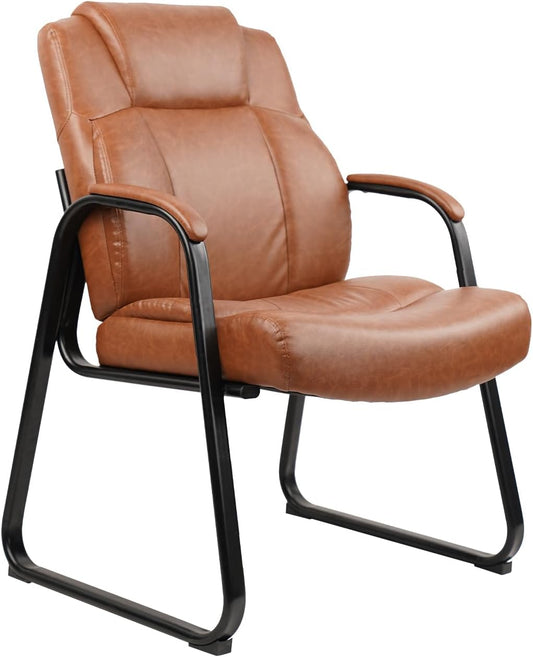 CLATINA Big & Tall 500 lb. Guest Chair, PU Leather Office Reception Chairs with Sled Base, Desk Chair No Wheels for Waiting Room Conference Lobby Computer Living Room, Brown